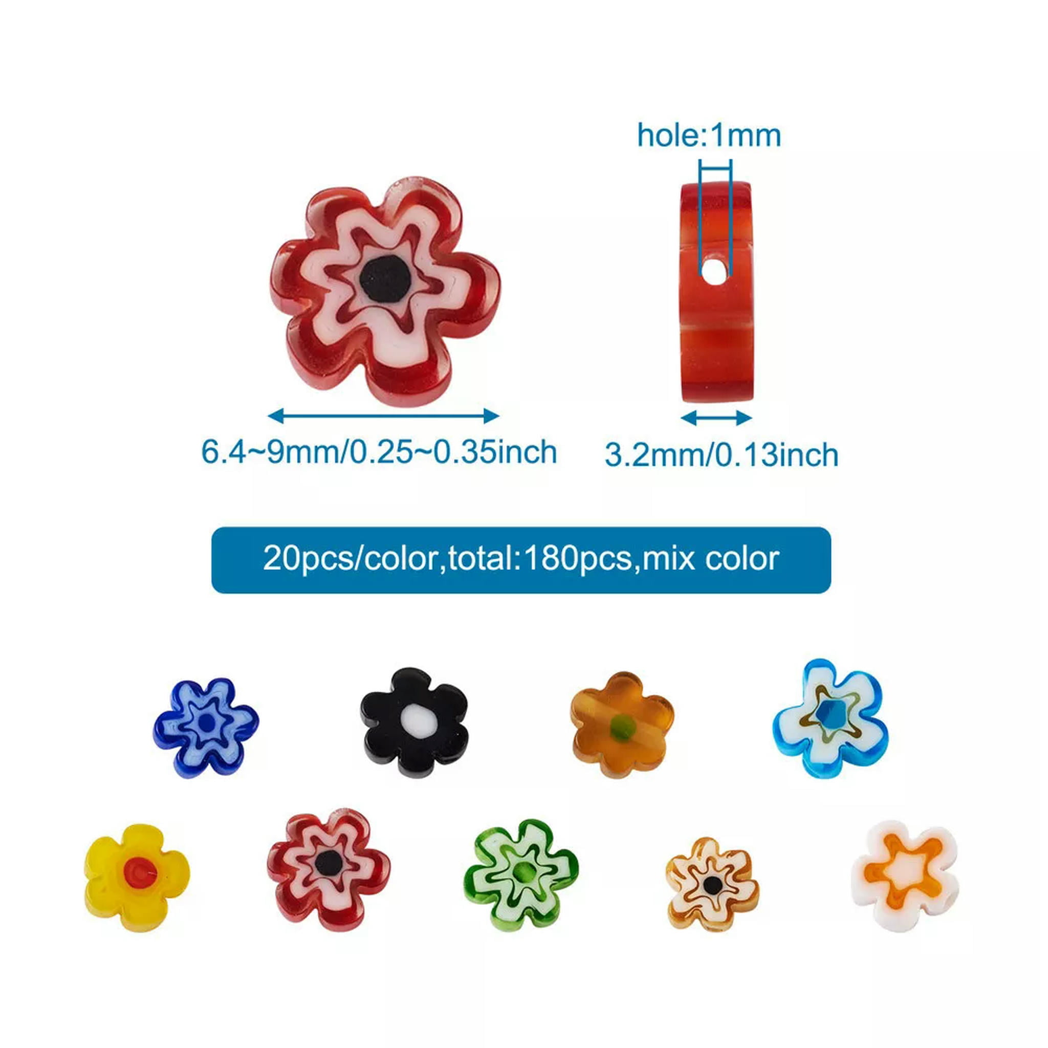 U8MO 180pcs Colorful Flower Handmade Millefiori Glass Beads Pony Loose Spacer 6.4~9mm