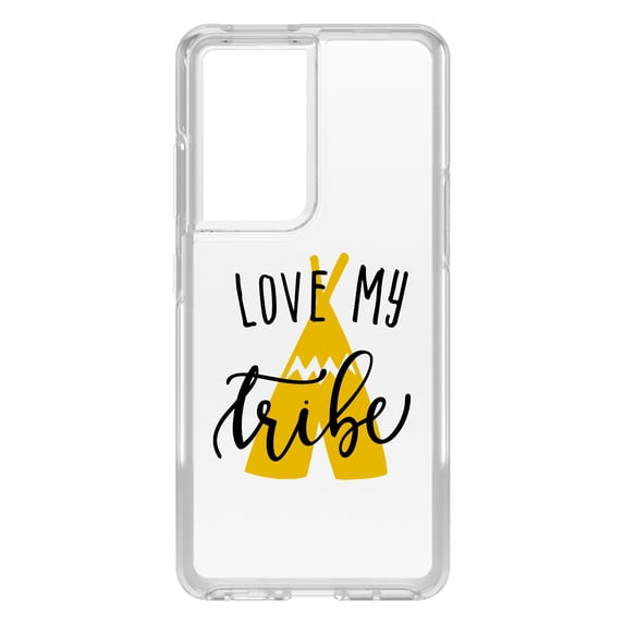 DistinctInk Clear Shockproof Hybrid Case for Galaxy S21 ULTRA 5G (6.8" Screen) - TPU Bumper Acrylic Back Tempered Glass Screen Protector - Love My Tribe - Yellow Teepee
