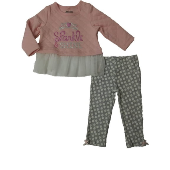 Infant Girls Pink Gray & White Polka Dot Sparkle & Shine 2-PC Outfit 3-6m