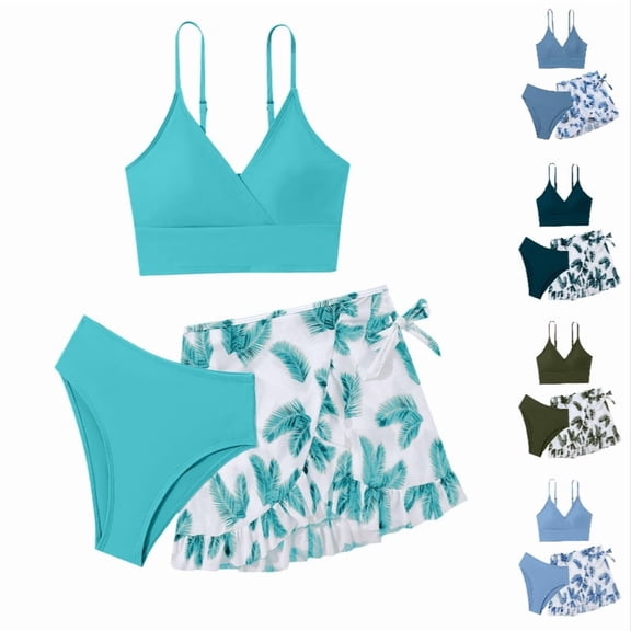 Ticikt Girls 3 Piece Swimsuits Bathing Suit Cute Ruffle Floral Print Bikini Set with Skirt Kids Swimwear