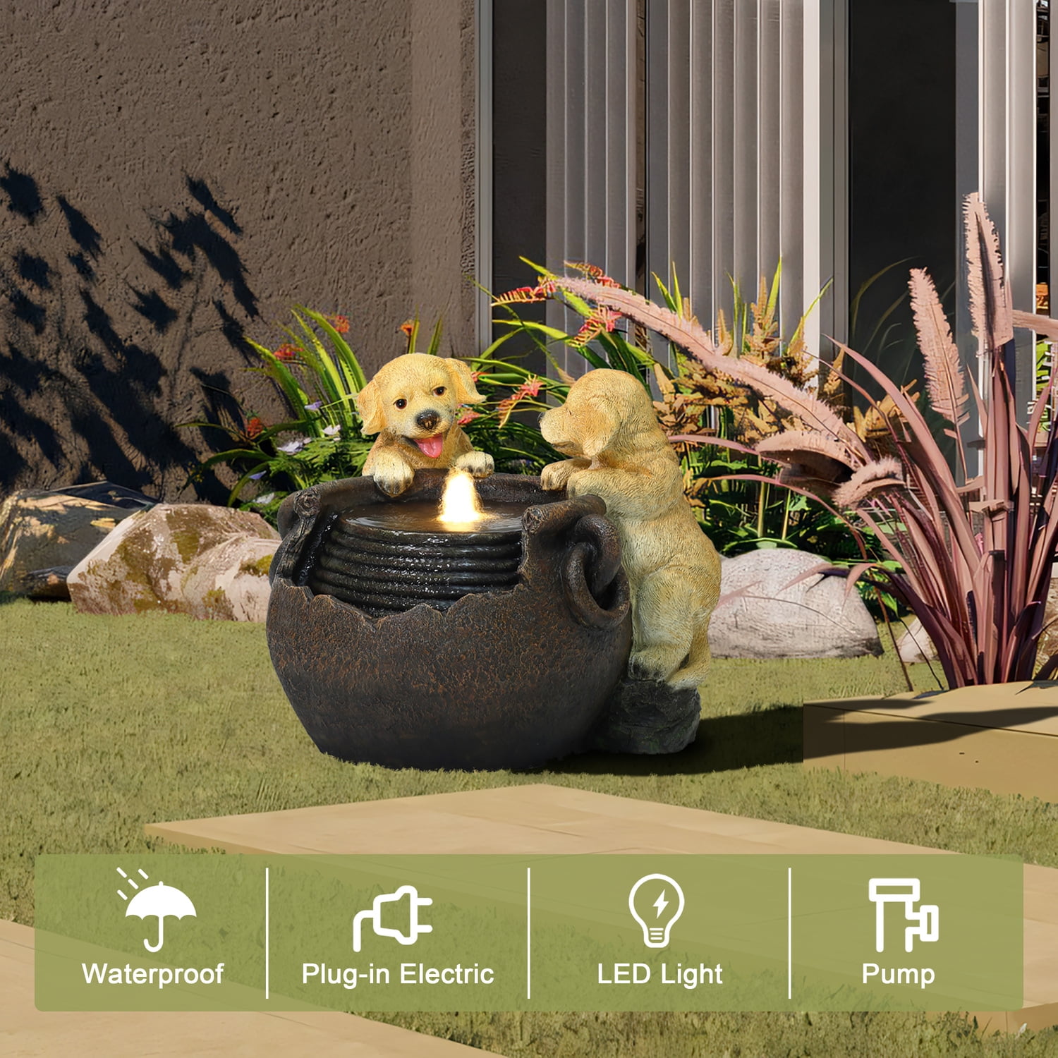 LuxenHome Puppy Love Farmhouse Resin Outdoor Fountain with Lights