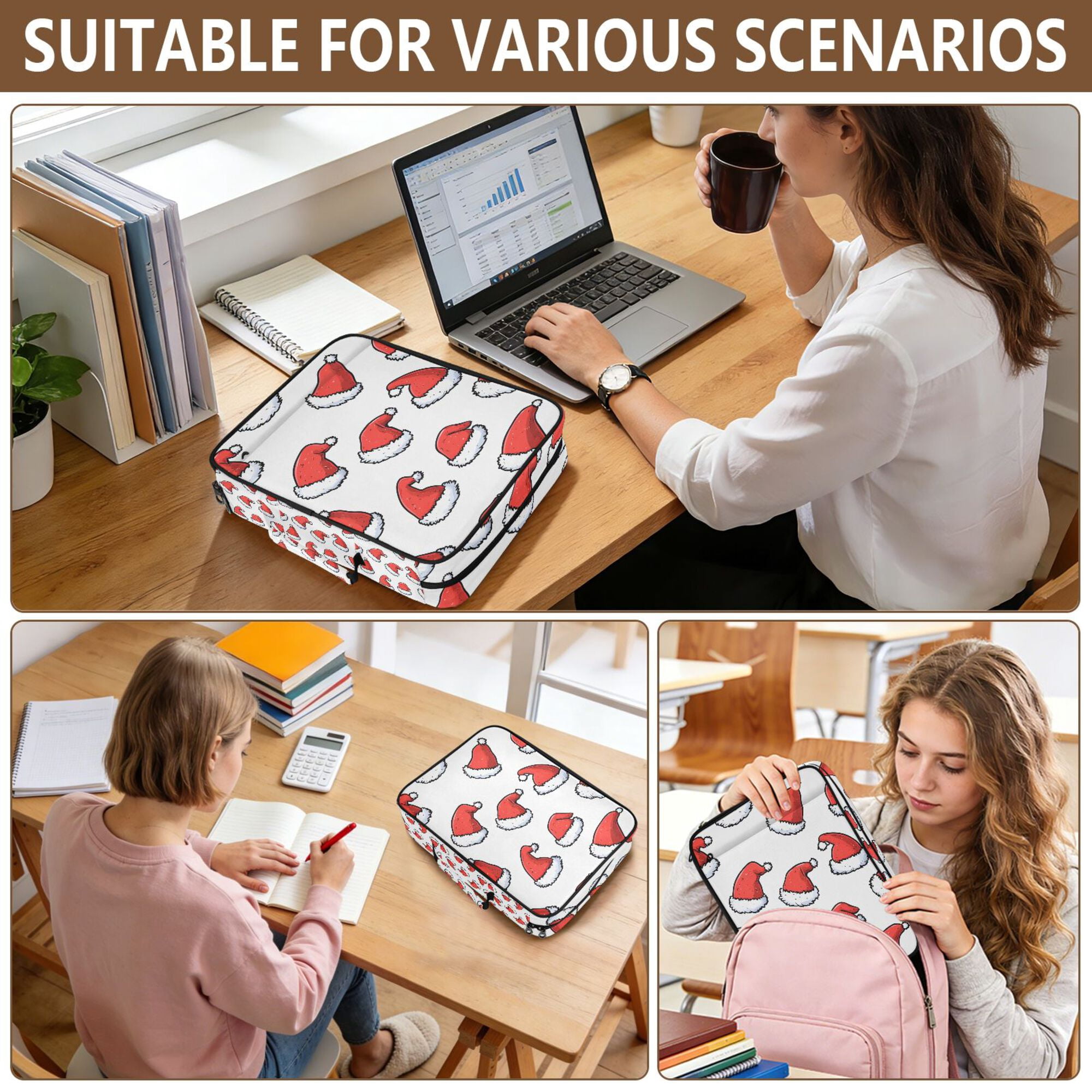 FORMRS Accordion File Folder A4 Size 7-Pocket Expanding Document Organizer Bag with 3 Ring Binder, Santa Hats Pattern