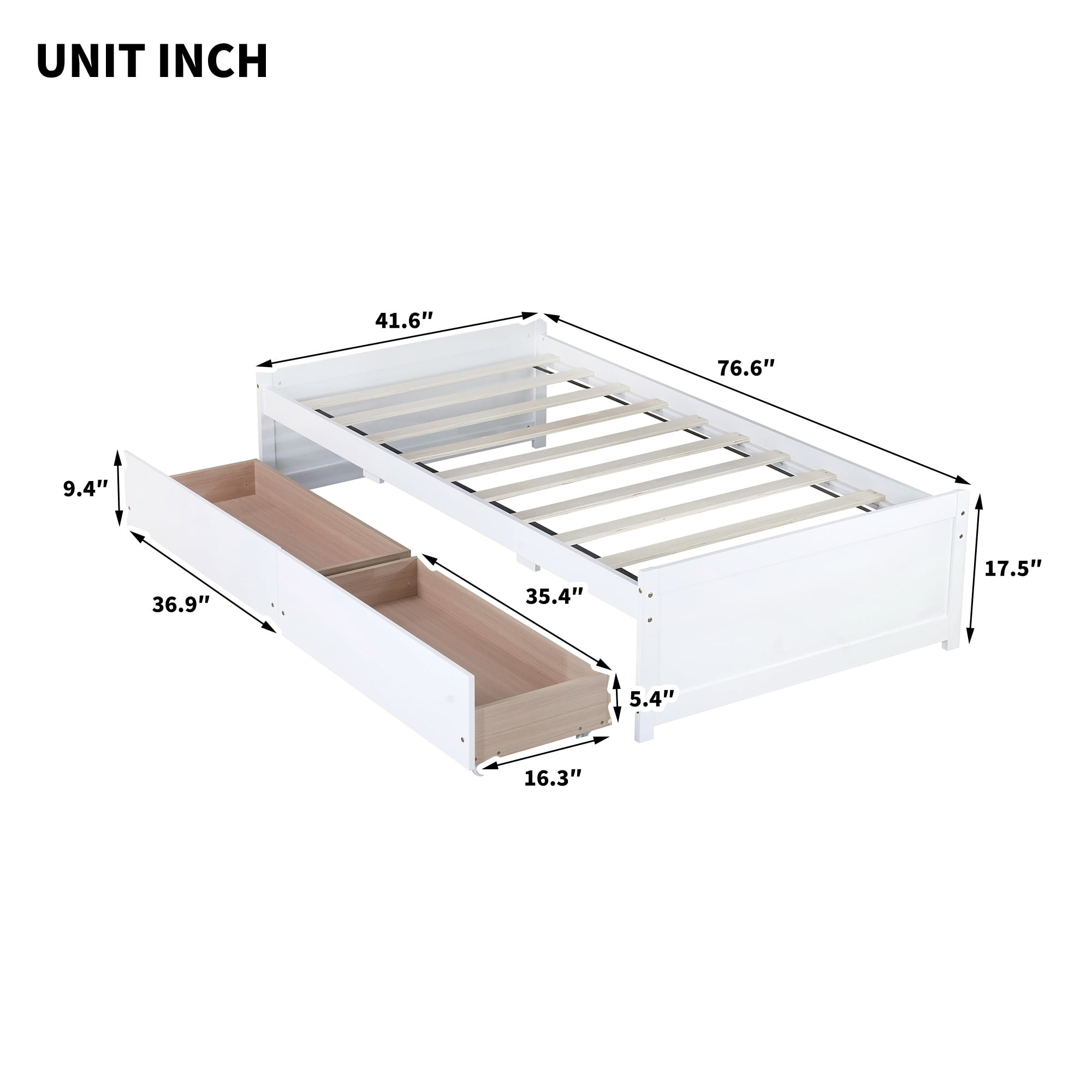 PORKISS Twin Bed Frame, Solid Wood Platform Bed with 2 Drawers, Pine Wood Bed for Kids Teens Adults, No Box Spring Needed, White