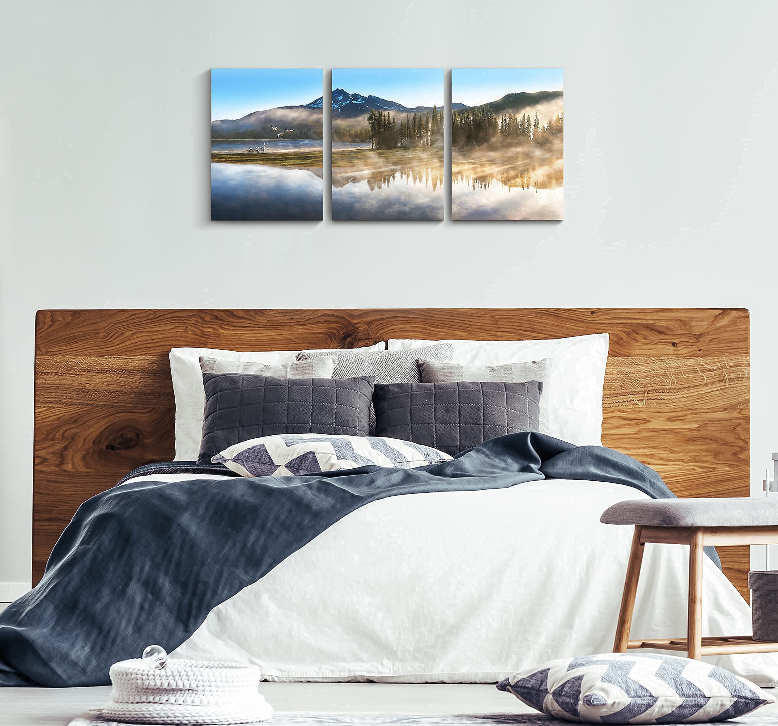 Mountain Canvas Wall Art For Living Room Paintings For Bedroom Wall Art Forest Landscape Art Large Picture Home Nature Wall Decor 3 Piece Wall Art Framed Ready to Hang Artwork, 12x16 inch x3 panels