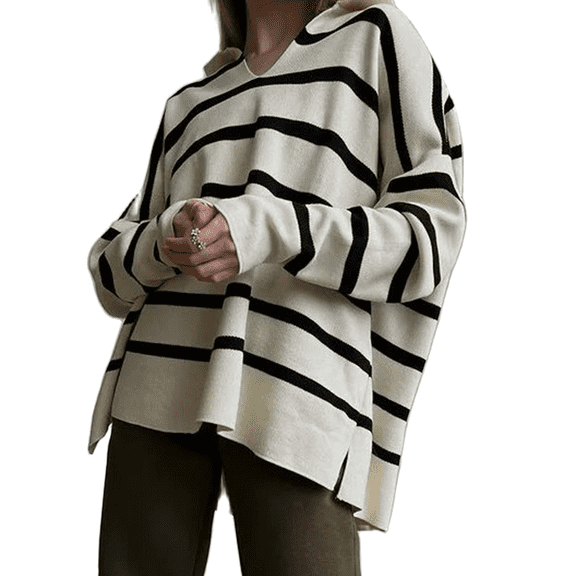 Baby Sweetie Women Comfy Loose Sweaters Warm Striped Print V-Neck Long Sleeve Fall Winter Knitted Pullover Tops