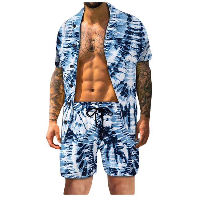 Conjunto casual de blusa y pantalones de playa de manga corta con estampado de botones para hombre Pompotops oipoqjl36167