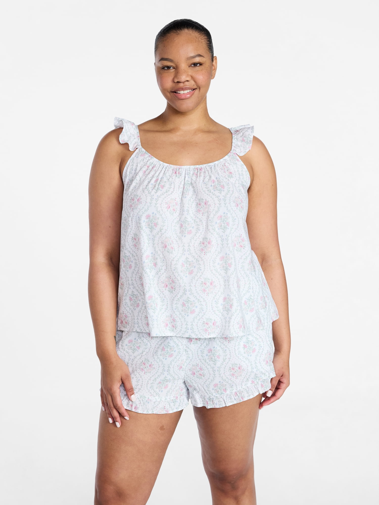 Joyspun Women's Woven Sleep Cami and Shorts Set with Ruffle, 2-Piece, Sizes XS-3X