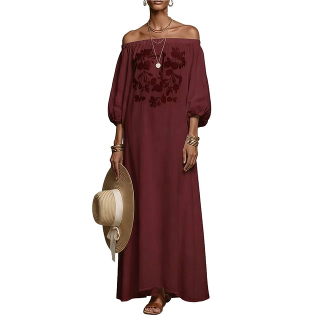 WRKEKC Summer Dresses for Women Solid Off Shoulder Puff Sleeve Embroidered Maxi Lightweight Summer Chic Soft