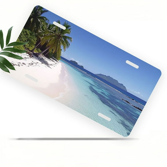License Plate, Tropical Paradise Beach Decorative Front,Personalized Stainless Steel License Plate Cover For Men Women,12.2" X 6.2"