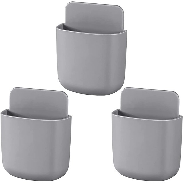 TORUBIA 3 Pcs Remote Control Holder Wall Mounted Grey Self-adhesive Storage Box Wall Phone Holder Universal Remote Control Holder Wall-Mounted Sundries Organizer for Pencil Toothbrush Phone Charging