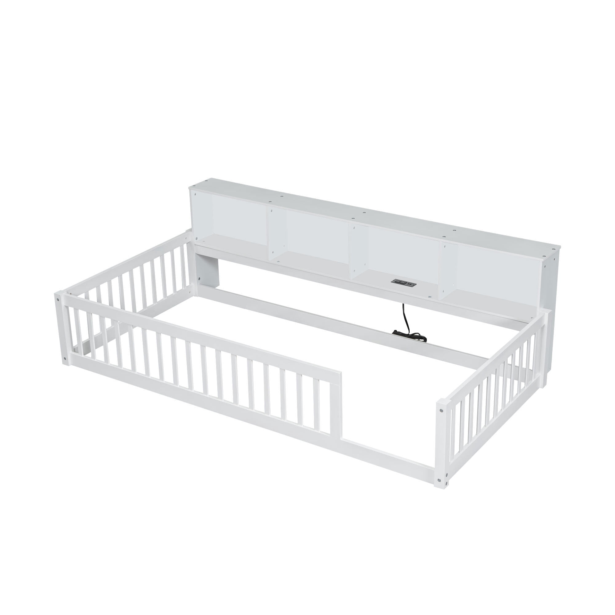 Euroco Wood Twin XL Platform Bed, Floor Bed with Storage and USB Ports, White