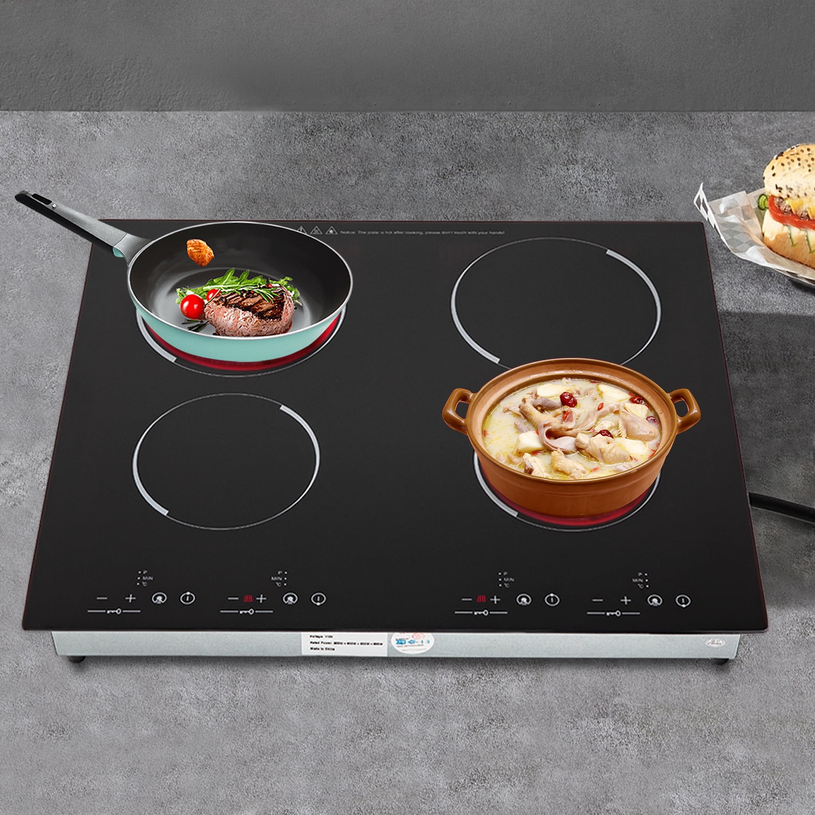 Miumaeov Electric 3000W Ceramic Cooktop Built-In Sensor Touch-Control with 9 Heating Levels One-piece Panel Electric Cooktop 4 Burners Ceramic Glass Stove Top