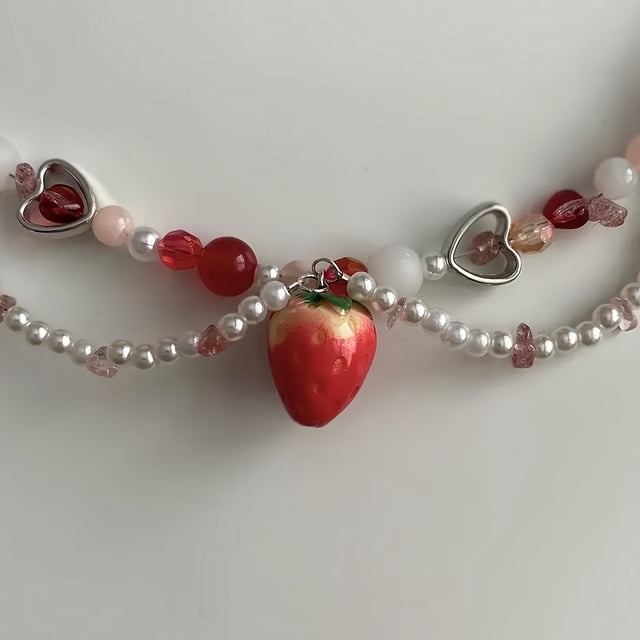Collier Style Pastoral Fraise Papillon Design de Niche Perle Imitation Perlée Collier de Clavicule Bijoux de Cou Personnalisés