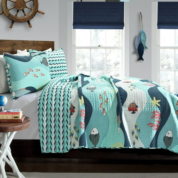 Lush Decor Sea Life Cotton Reversible Quilt, Twin, Blue, 2-Pc Set