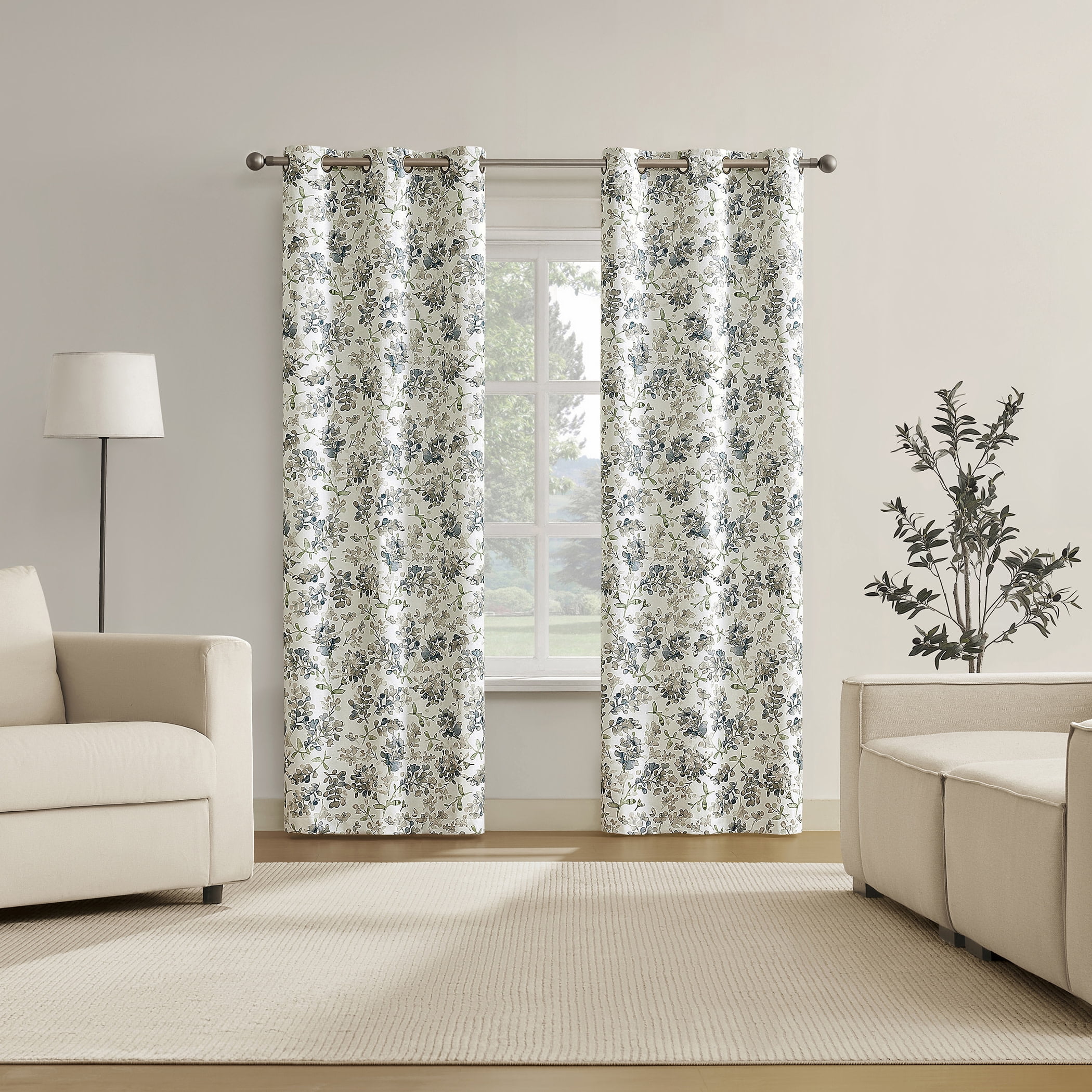 Sun Zero Bryant 2-Piece Textured Thermal Insulated Floral 100% Blackout  Grommet Top Curtain Panel, Blue Floral, 37”W x 108"L