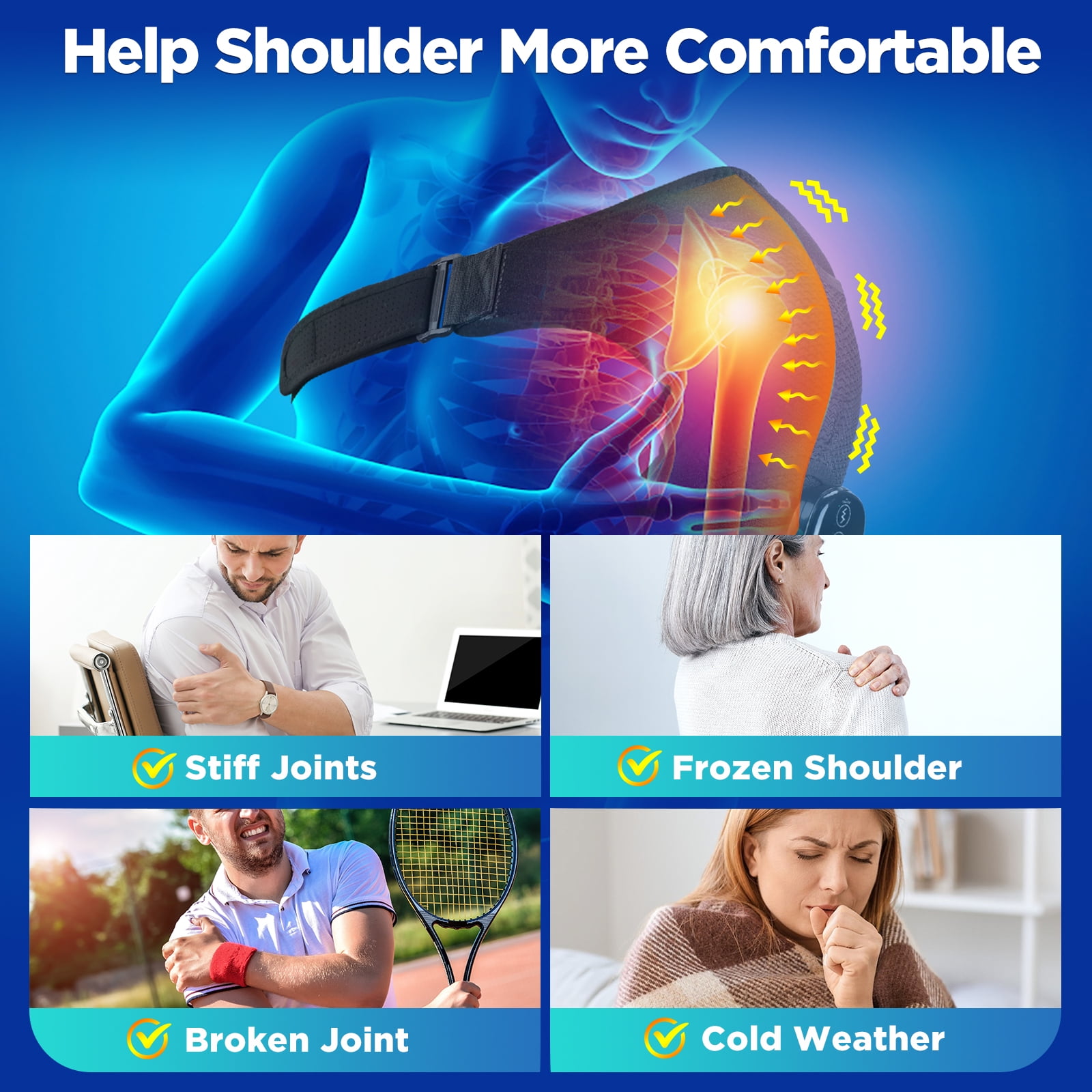 Cordless Heated Shoulder Brace, Shoulder Massager Wrap with 3 Speed Heat & 3 Vibration Massage for Men Women, Electric Shoulder Heating Pad for Relax, Black