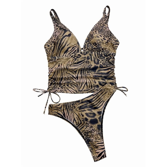 Women'S Leopard Print Tankini Swimsuits Deep V Neck Drawstring Side Swimwear Summer Two Piece Bathing Suit S