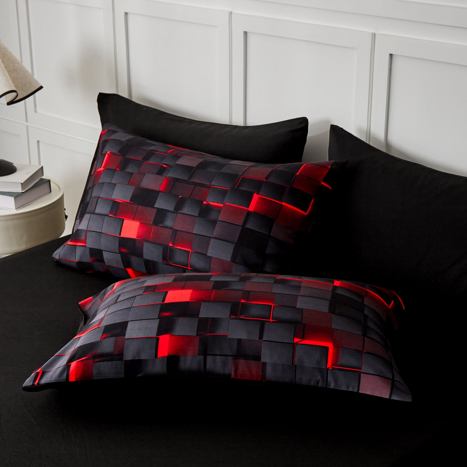 Flymme 3 Pieces Bedding Duvet Cover Set Queen Size Comforter Cover with Red Neon Light Pattern Modern Queen Duvet Cover Gift for Teen Men Bedroom Decor
