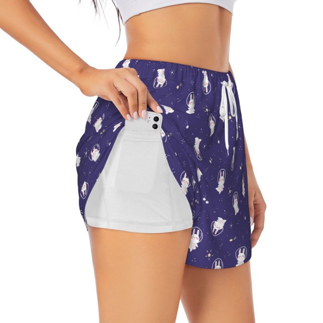 Balery Astronaut Rabbit Pantalones cortos deportivos para mujer con forro y dos bolsillos, elásticos, para entrenamiento, gimnasio, yoga-Large