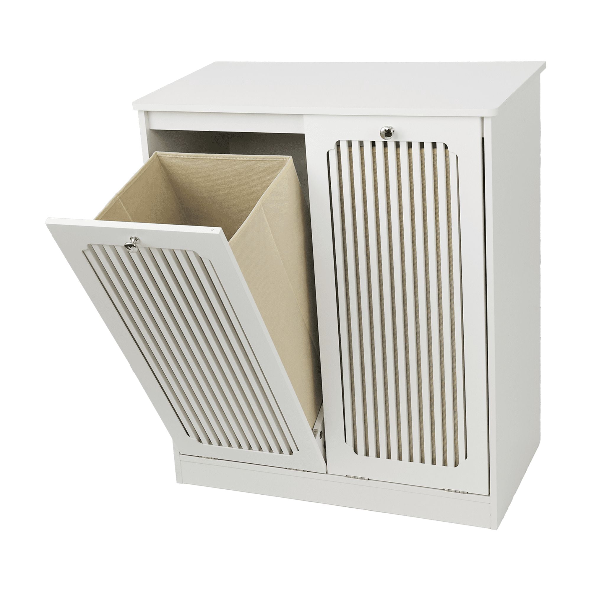 Mintazer Tilt-Out Double Bin Laundry Hamper Cabinet with Louvered, Laundry Sorter Storage Cabinet with 2 Removable 30L Fabric Hampers for Laundry Room Balcony Bathroom, White