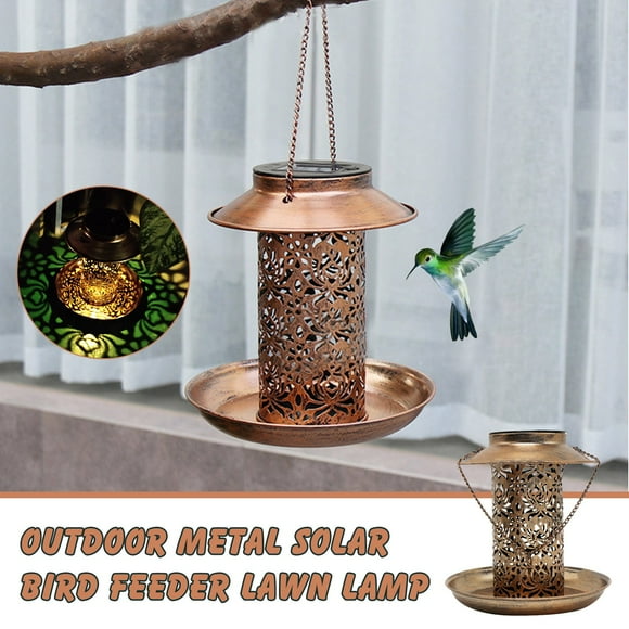 2 in 1 Solar Bird Feeder for Outdoors Hanging, Chew-Proof, eather and Water,Premium Metal Wild Bird Feeder for Cardinals Solar Garden Lantern with S Hook as Gift for Bird Lovers, Garden Decoration