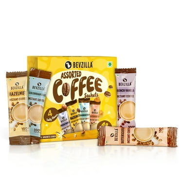 Bevzilla Instant Coffee Powder Box - 48 Sachets | Turkish Hazelnut, Colombian Gold, French Vanilla & English Butterscotch | 12 Sachets Each Flavor| Hot & Cold Coffee| Makes 48 Cups| 100 % Arabica