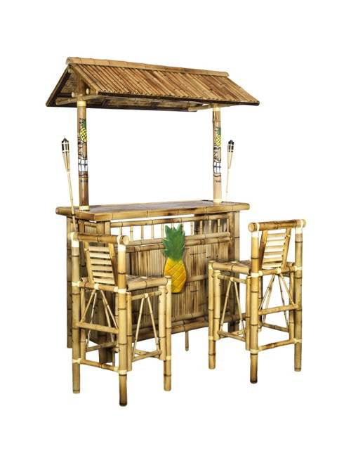 Bamboo Tiki Bar 5ft Patio Deck Indoor or Outdoor with 2 Stools and Torches 