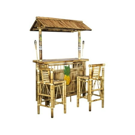 Island Tiki Bamboo Bar With Two Stools And Two Torches