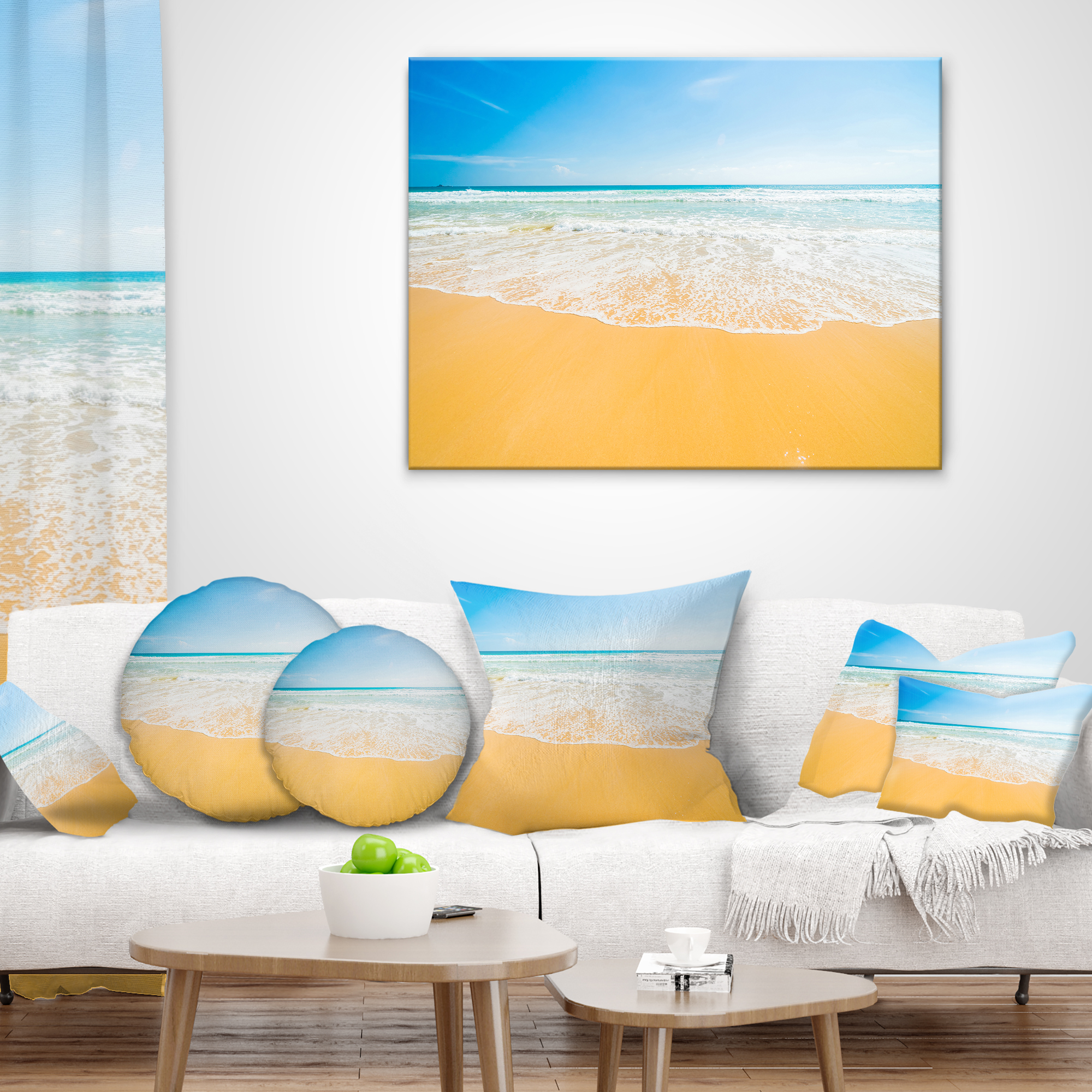 Designart Long Waves on Sand under Blue Sky - Seascape Throw Pillow - 18x18