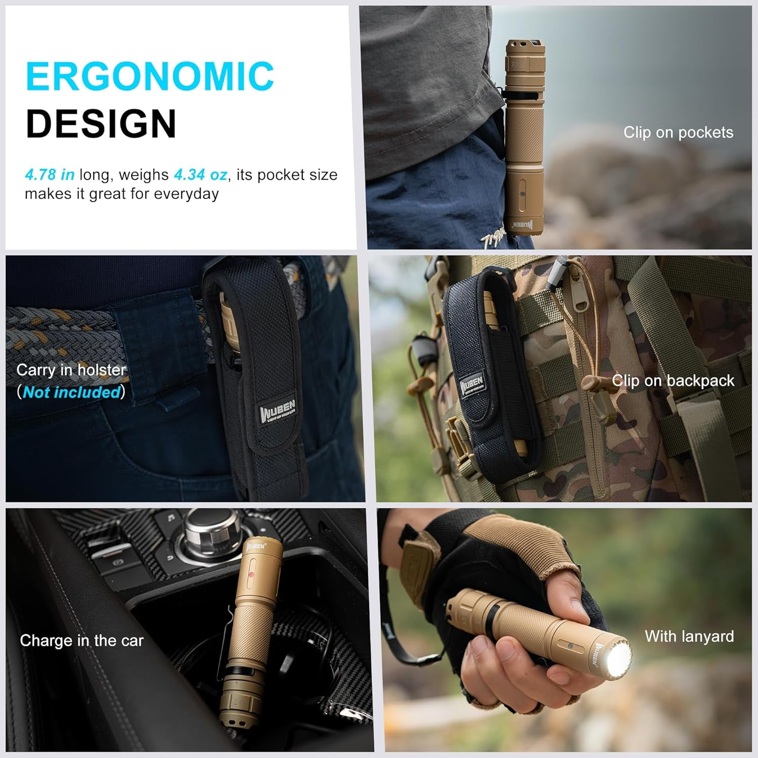 WUBEN C3 Rechargeable Flashlight, 1200 Lumens, 6 Modes, IP68 Waterproof, Tactical LED Flashlight for Camping, Emergency, Hunting