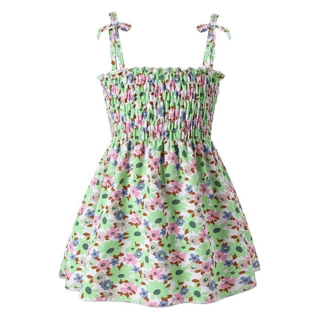 MIASHUI Robe Fleurie pour Tout-Petites Filles, Robe Trapèze à Smocks, Robe d'Été de Plage pour Filles, Vert, 12-18 Mois