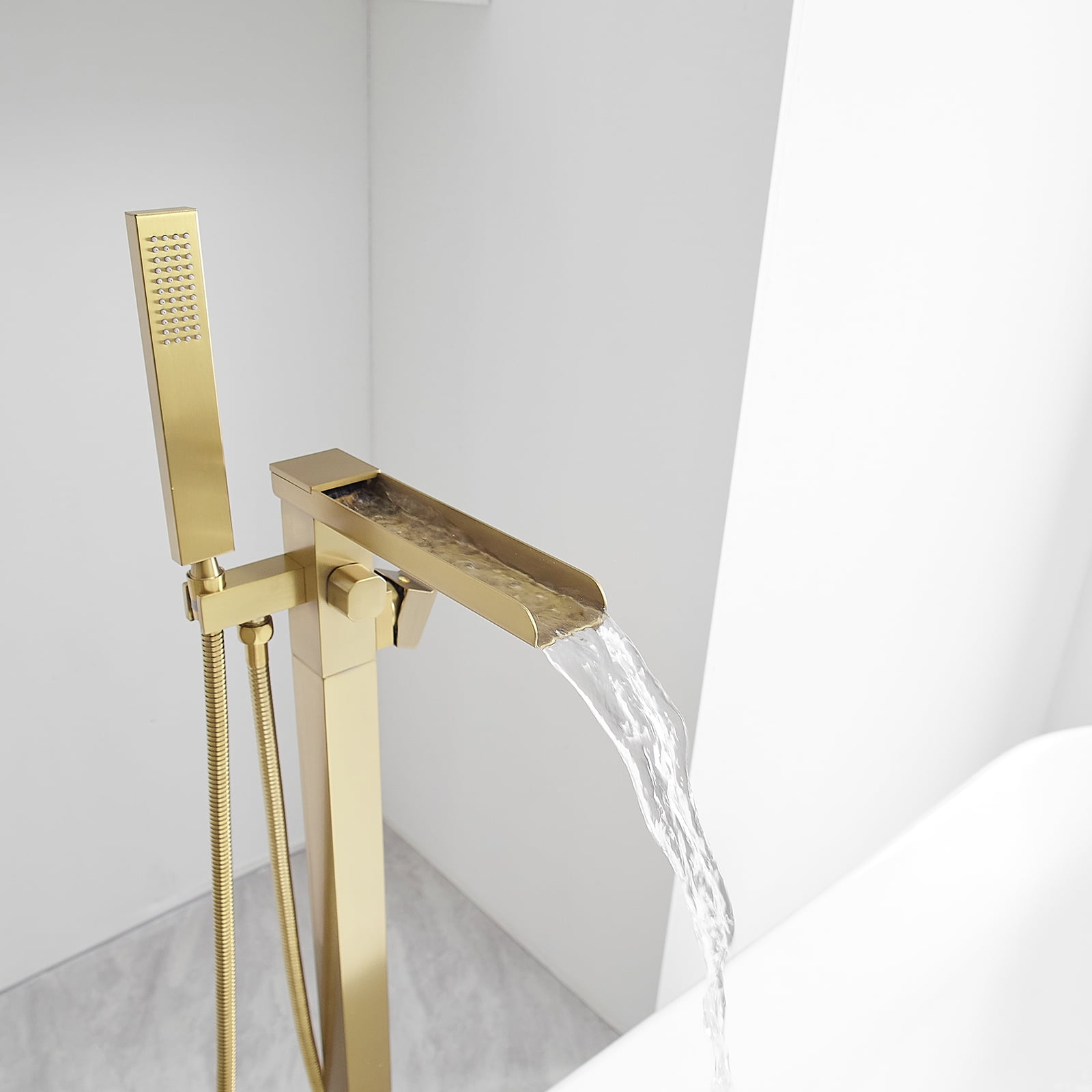 Single-Handle Floor Mount Freestanding Bathtub Faucet Waterfall Tub Filler with Handheld Shower in Brushed Gold