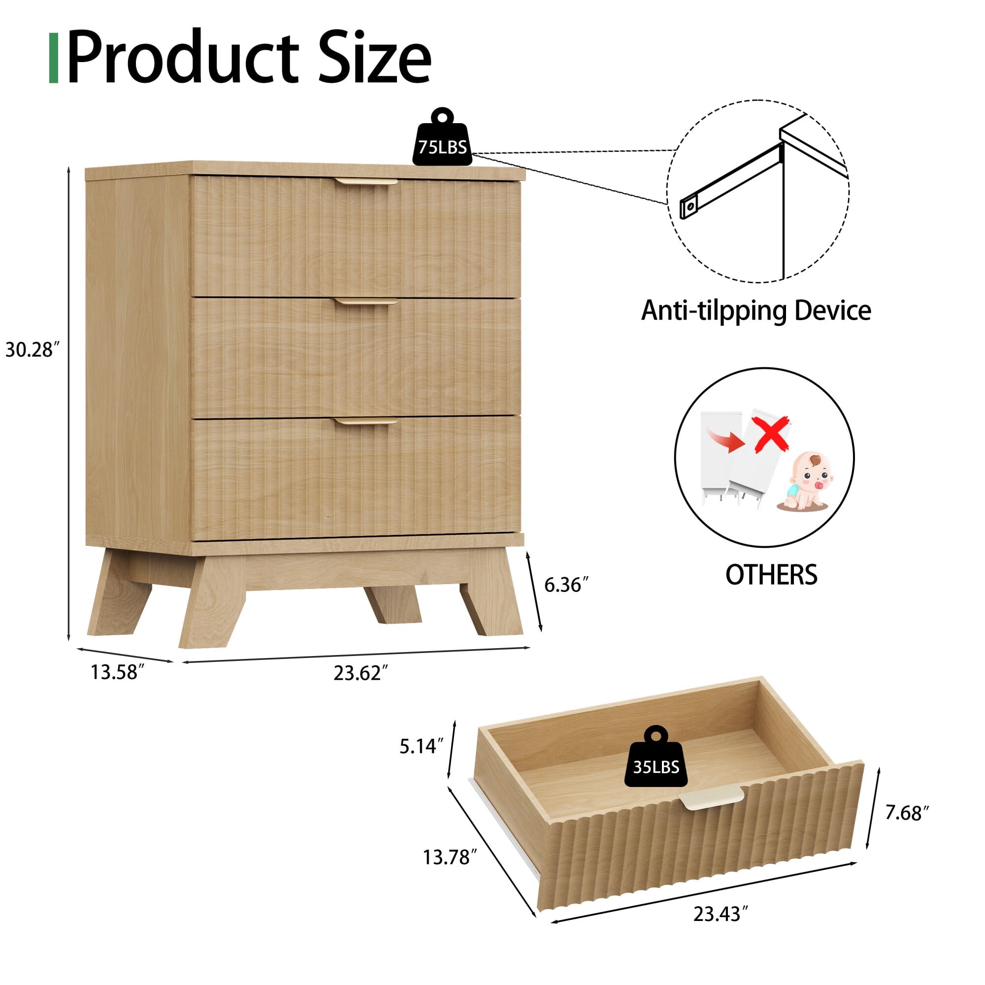 FANRAL 3 Large Drawer Nightstand,30" Tall Night Stand,24" Wide Side Table,Wood Fluted Bedside Table Modern End Table Small Dresser for Bedroom,Natural Oak Nightstand