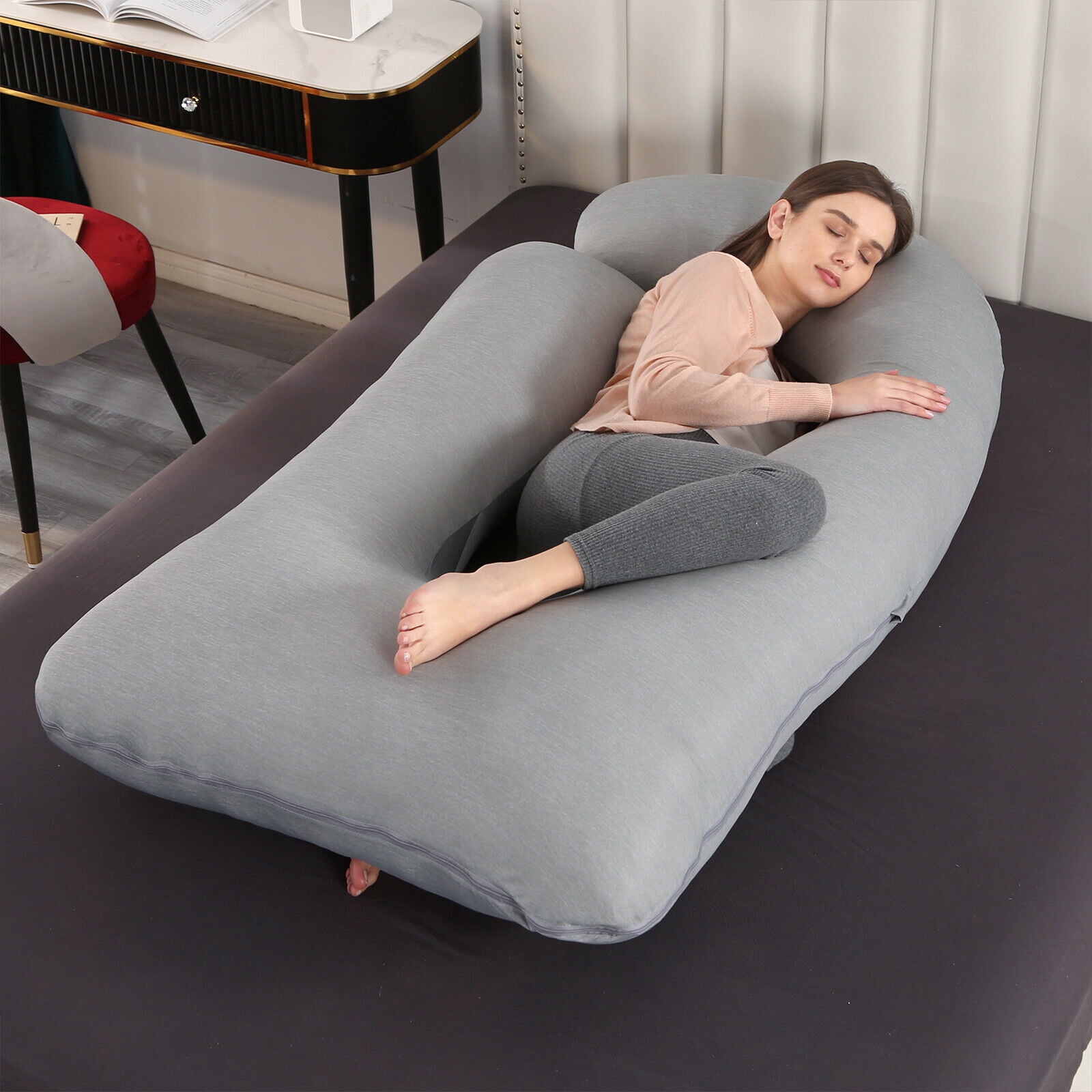 Topchances Pregnancy Pillow with Cooling Fabric Pillowcase, Extra Large Maternity Belly Contoured J-Shape Body Pillow, 57x27.5 inch, Grey