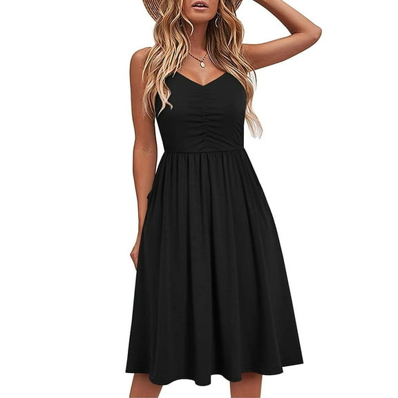 Pntutb Dresses for Women Summer Seaside Sling Sleeveless V-Neck Solid Color Casual Dress