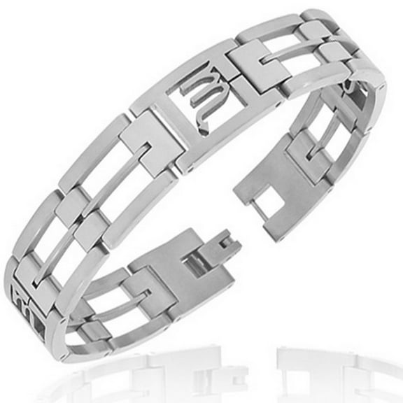 Stainless Steel Silver-Tone Link Chain Zodiac Sign Scorpio Mens Bracelet with Clasp