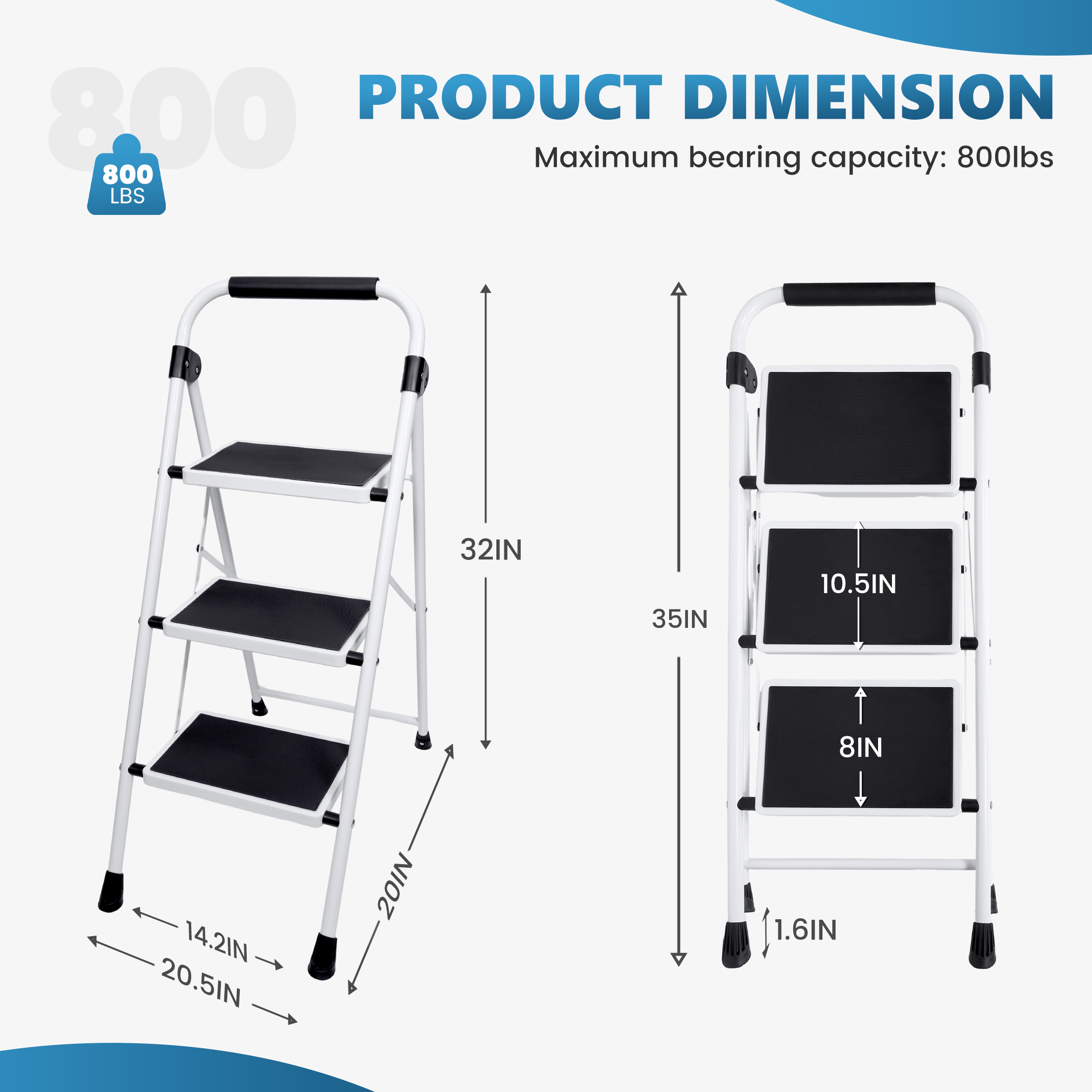 Jioabl 3-Step Heavy Duty Steel Ladder, 36 Inches, Black and White photo 4