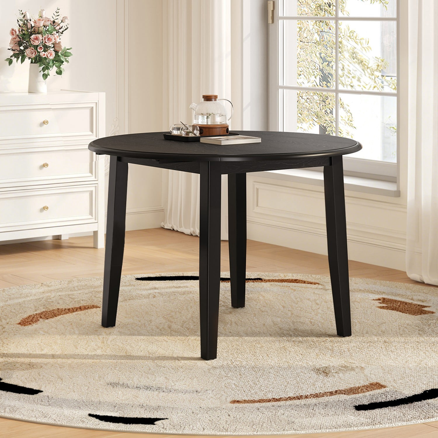 Extendable Round Dining Table for 2–4 People Folding Wood Dining Table Adjustable Space Saving Design for Small Apartment Dining Area, Black