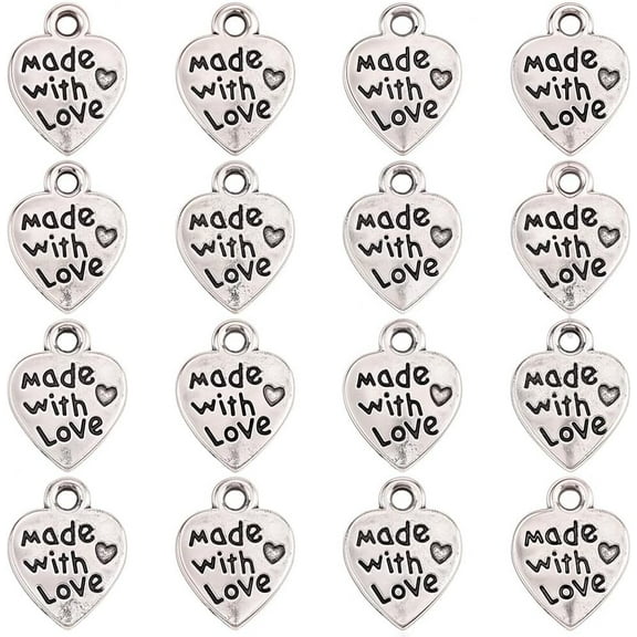 1 Box 100Pcs Silver Heart Charms Made with Love Charm Bulk Metal Alloy Valentines Hearts Engraved Tags Labels Pendants for Jewelry Making Earrings Necklaces DIY Crafting Findings