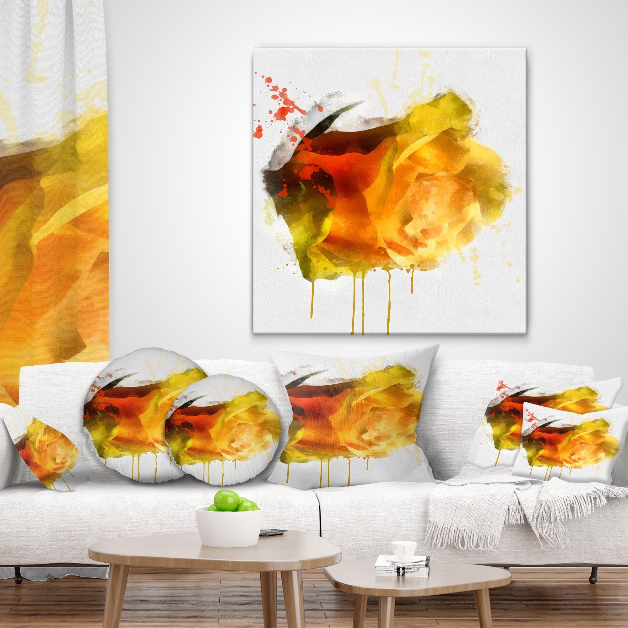 Designart Yellow Hand drawn Rose on White - Floral Throw Pillow - 18x18