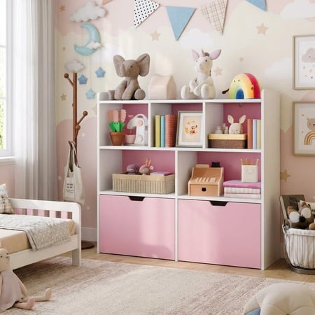 Toy Storage Cabinet Kids Bookshelf with Movable Drawers and Open Shelves Kids Bookcase Organizer for Playroom Nursery Kindergarten Pink