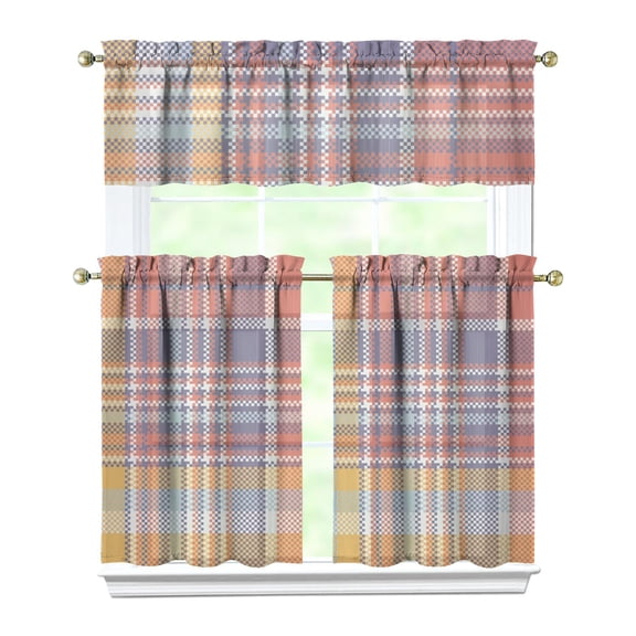 Striped and checkered fusion Kitchen Curtains Set Tier and Valance Buffalo Plaid Pattern Vintage Checkered Design Retro Plaid Abstract Colorful Checkered Rustic Farmhouse Plaid Print Classic Red and B