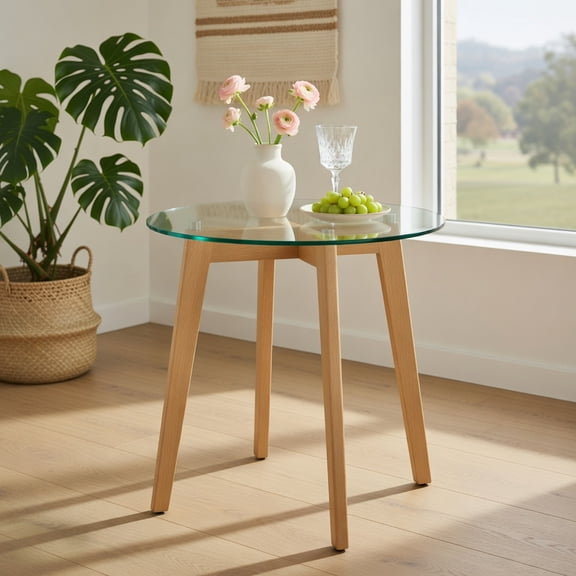Resenkos Round End Table with Tempered Glass Top and Solid Rubberwood Base, 1-Piece
