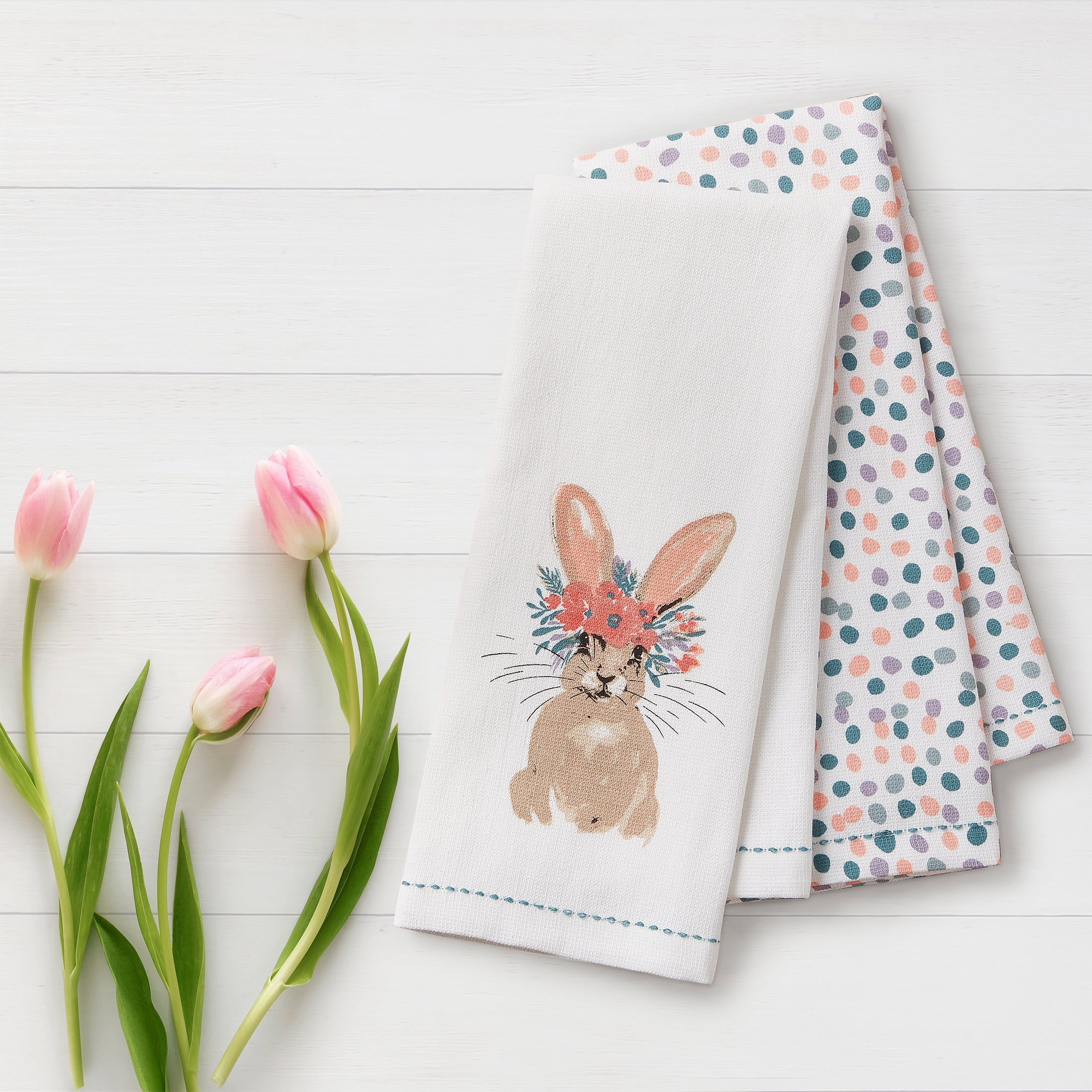 Way to Celebrate Bunny 15" x 25" Cotton Kitchen Towels, 2 Pieces, Multi