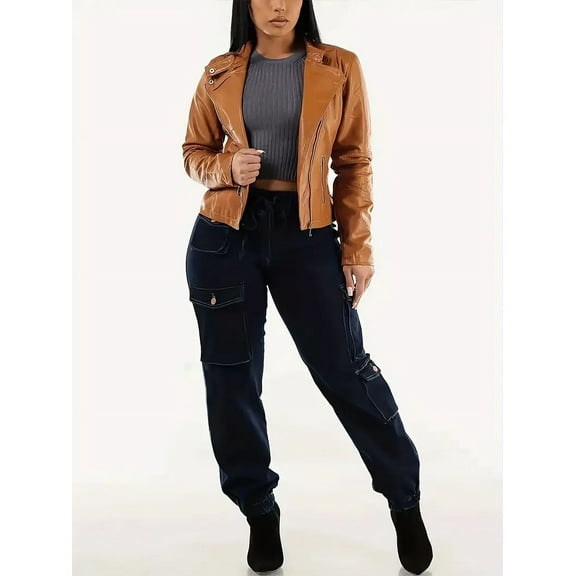 Ladies deep blue elastic waist drawstring belt multi-pocket workwear jeans