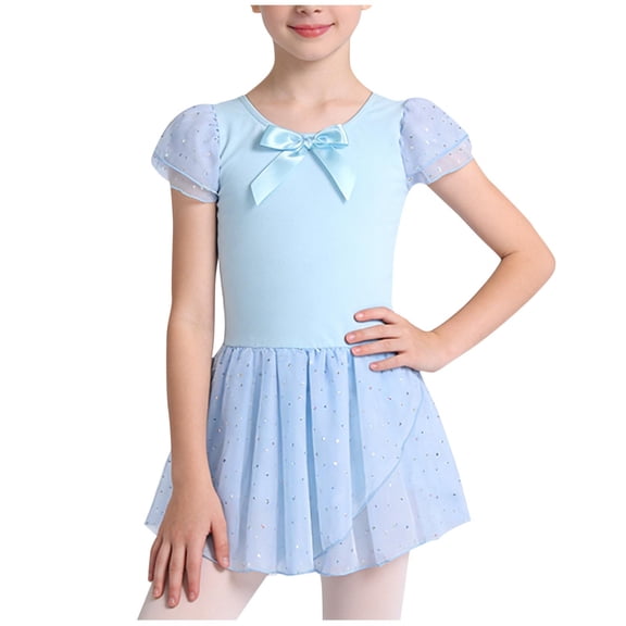 Girls Tutu Dress with Bow Sparkly Tulle Short Puff Sleeve Ballet Party Dance Recital Dress Blue Polyester 3-12 Years,Size 9-10 T