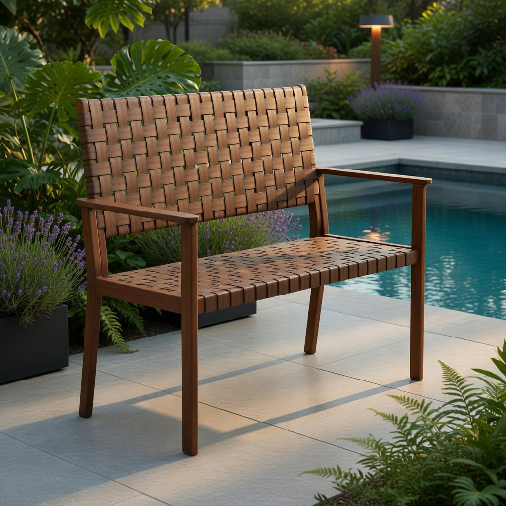 Hommoo All-Weather Outdoor Bench, Hand-Woven PU Leather Seat, Solid Rubber Wood Frame, Natural