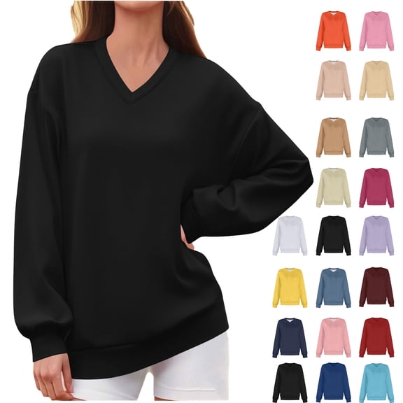 Jovrlynd Black Sweatshirts for Women 2026 V Neck Solid Oversized Long Sleeve Sweatshirt Winter Soft Fleece Pullover Top L