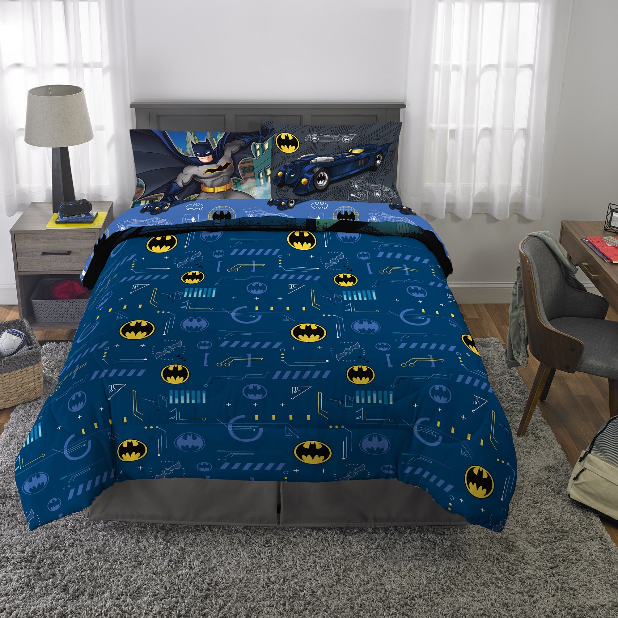 Batman Kids Full Bed in a Bag, Comforter and Sheets, Blue, Warner Bros