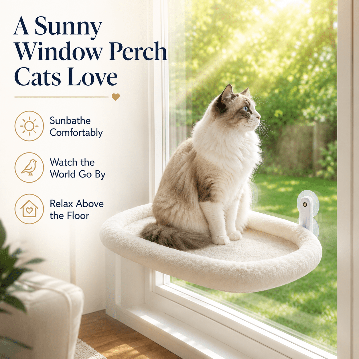 L&W BROS. Cat Window Perch with Soft Cushion, Foldable Cat Window Hammock Hold up 50 lb, Machine Washable, Easy to Assemble, White